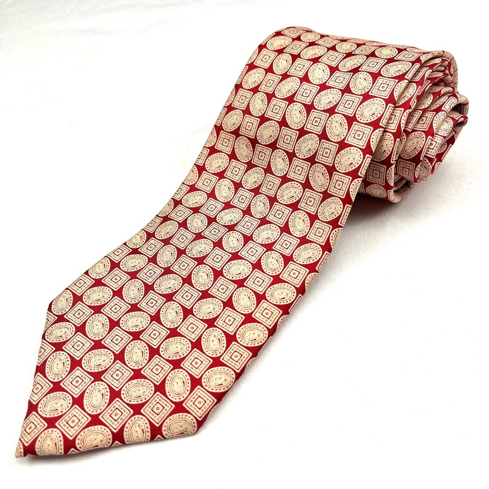 Rare Harvey Ashton Men's Silk Necktie Made in England Classic Red Geometric Tie
